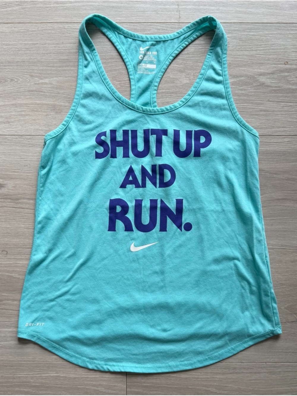 Nike Teal Racerback Tank with Purple 'SHUT UP AND RUN' Graphic